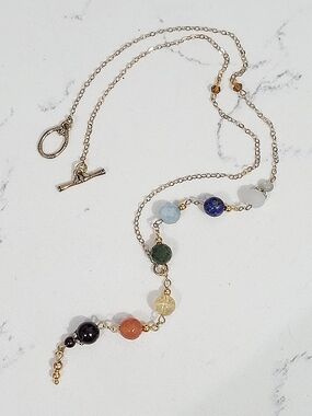 Hand Crafted Gold Lariat Chakra Necklace with Multi-Colored Gemstone Beads